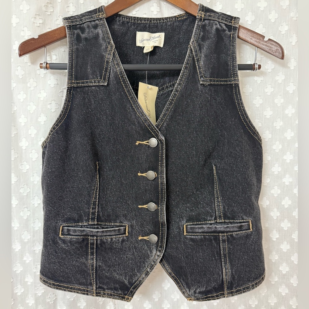 Western Style Washed Black Denim Vest with Contrast Stitching